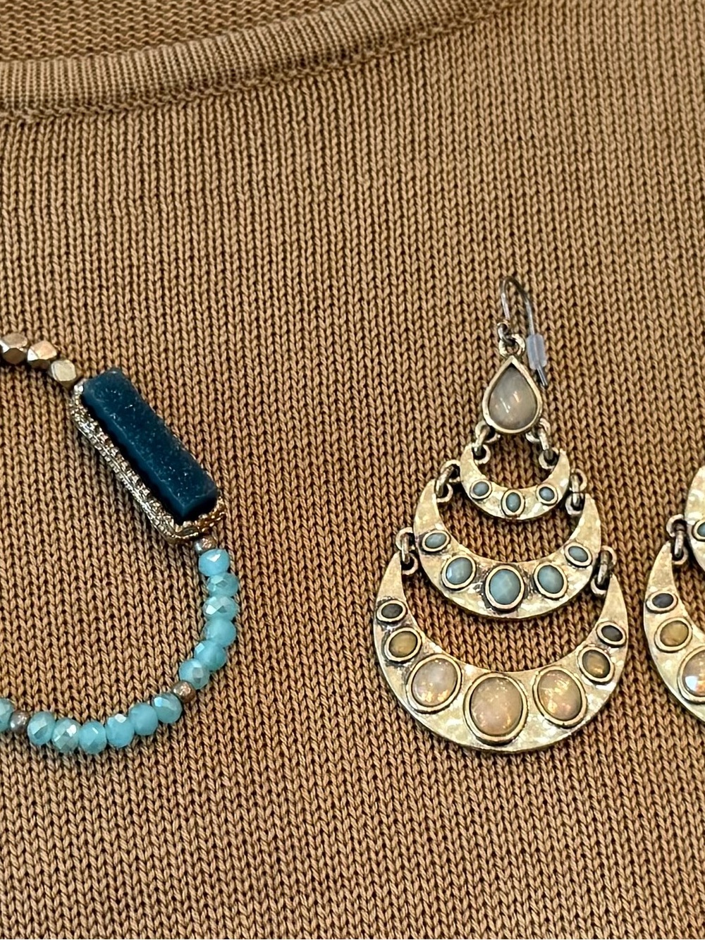 Gold-tone Triple Crescent Drop Earrings w/ Opalescent Inlays - Lt. Green Accents
